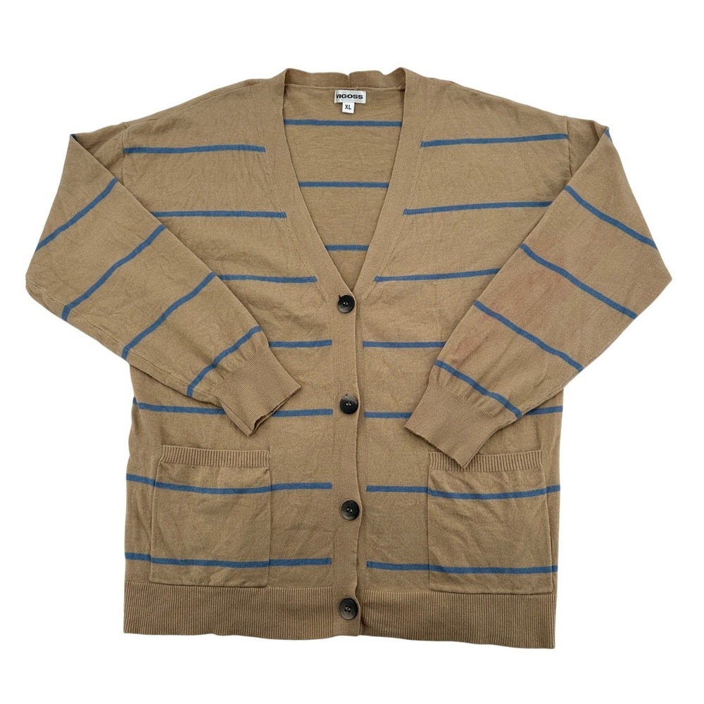 Vigoss Tan Blue Stripe Cardigan Sweater Button Front Pockets Preppy Y2K Women XL